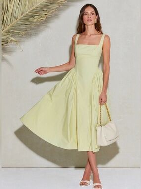 Astr Pale Yellow Square-Neck Midi Dress